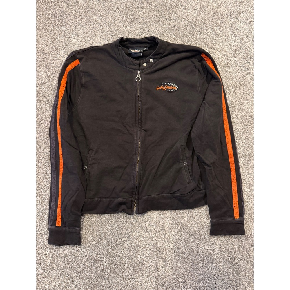 Harley Davidson Jacket Women XL Black Racing Stripe Zip Up Cafe Racer Biker Logo
